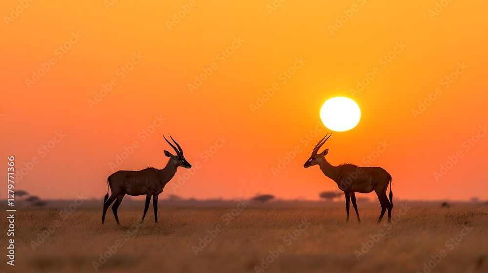 Two Antelopes Silhouetted Against a Vibrant Sunset in the Savanna Two Antelopes Silhouetted Against a Vibrant Sunset in the Savanna