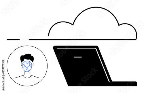 Laptop, cloud outline, and user face with facial recognition grid emphasize cybersecurity and remote access. Ideal for technology, biometrics, cloud computing, privacy, remote work, innovation
