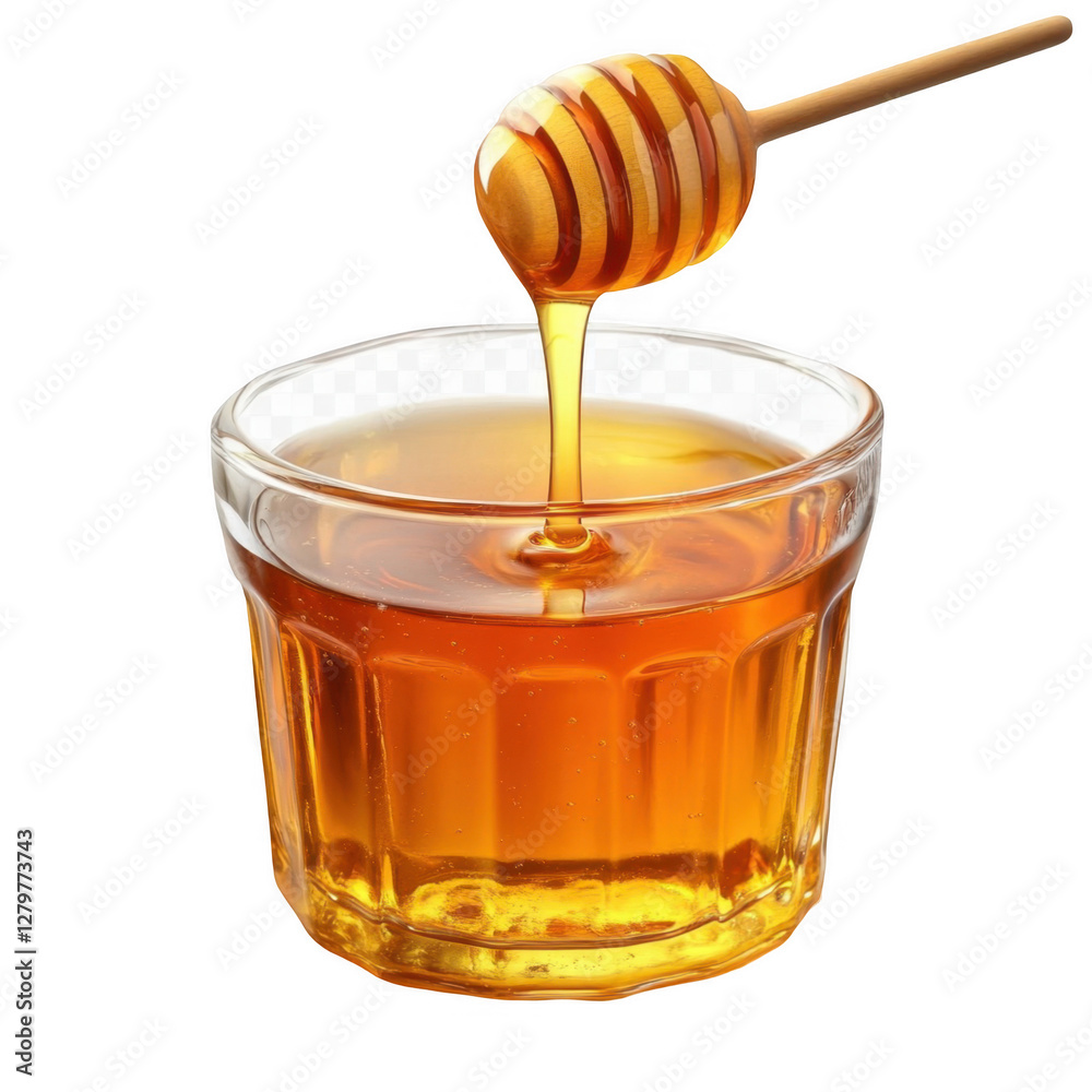 Golden Honey Dripping from Wooden Dipper in Glass Jar Golden Honey Dripping from Wooden Dipper in Glass Jar