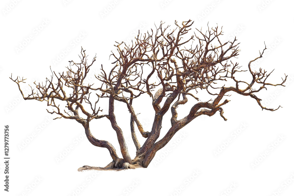 Fototapeta premium Striking Gnarled Tree with Twisted Branches Against a Transparent Background