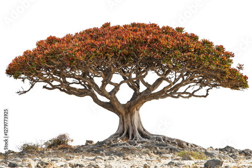 Majestic Dragon Blood Tree with Unique Canopy Isolated on Desert Landscape