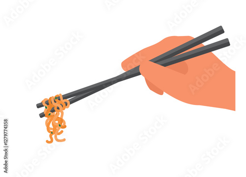 Curly noodle rolled on chopstick, simple flat illustration.