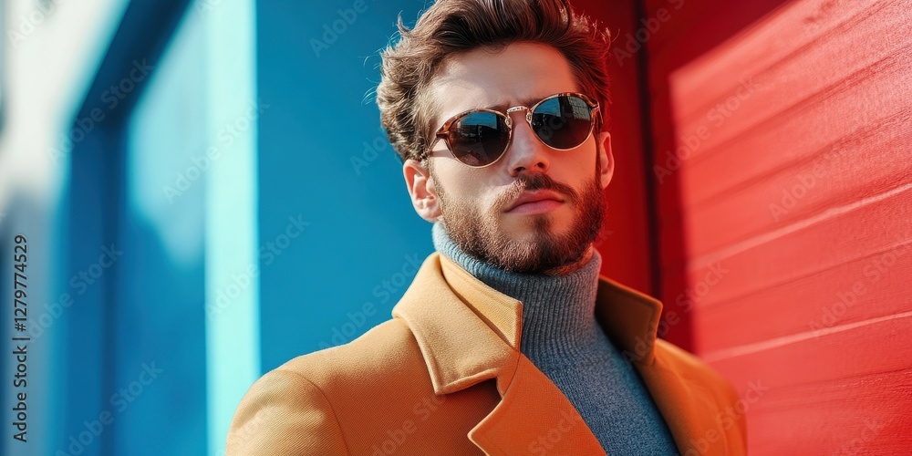 Stylish man with sunglasses poses in urban setting against colorful walls on a sunny day Stylish man with sunglasses poses in urban setting against colorful walls on a sunny day