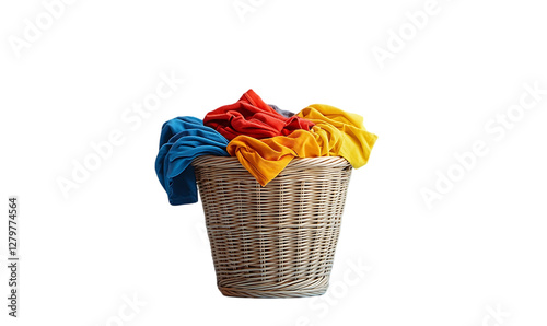 Colorful laundry basket filled with clothes, indoors.  Possible use stock photo for laundry, home, or household