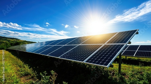 Harnessing the Sun's Power: A sun-drenched field of solar panels captures the energy of a clear, blue sky, representing the future of sustainable energy