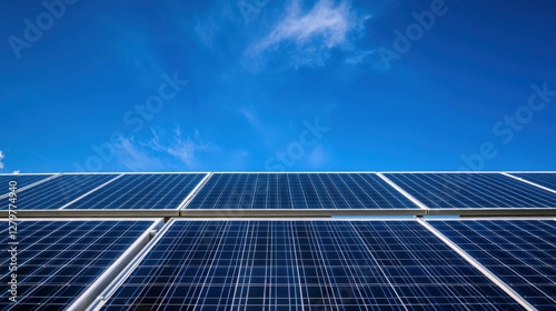 Solar Panels Under Azure Sky: Solar panels bask under a vibrant, cloud-dappled sky, showcasing renewable energy
