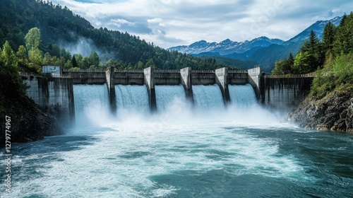 Harnessing Nature's Power: Majestic hydro dam structure, a testament to engineering, standing against a backdrop of rugged mountains.