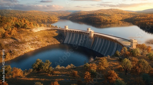 Autumnal Dam Vista: An expansive view showcases an impressive dam structure amidst a vibrant tapestry of autumn foliage, embracing a serene lake under a crisp, clear sky. 