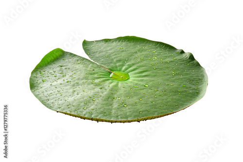 Fresh Green Lily Pad with Water Droplets Isolated on Black Background