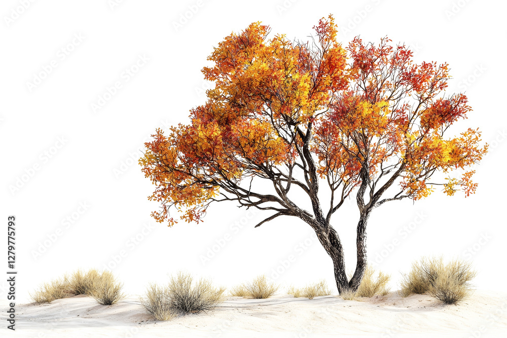 Colorful autumn tree in sandy landscape with dry grass and warm tones Colorful autumn tree in sandy landscape with dry grass and warm tones