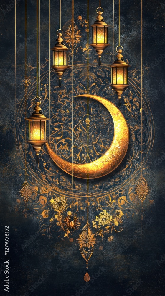 Naklejka premium Golden Moon And Lanterns Against A Starry Night Sky with Ornate Decorative Patterns