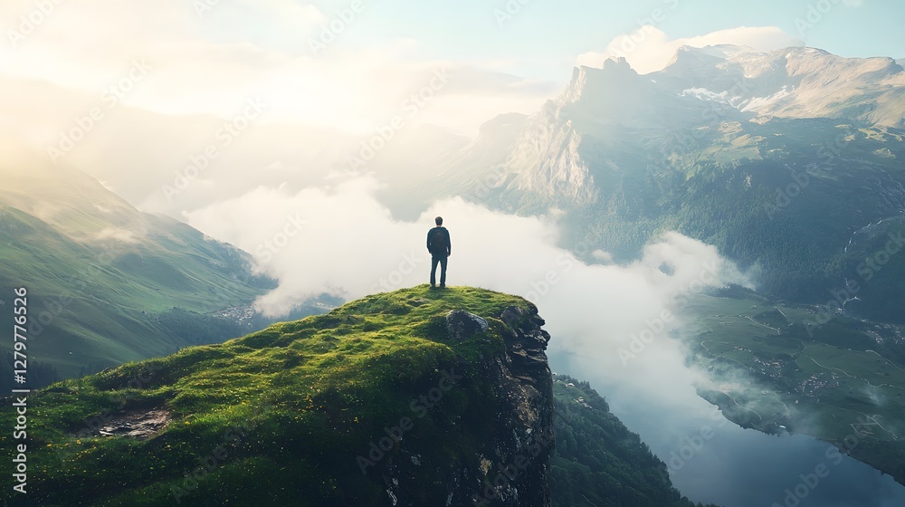 custom made wallpaper toronto digitalAdventurous individual standing on cliff edge overlooking scenic lake majestic mountains nature photography breathtaking landscape