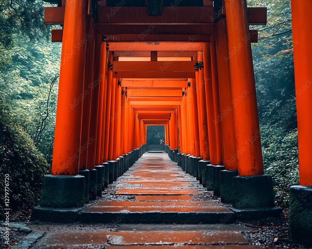Japan Torii Gate Path Through Forest Japan Torii Gate Path Through Forest