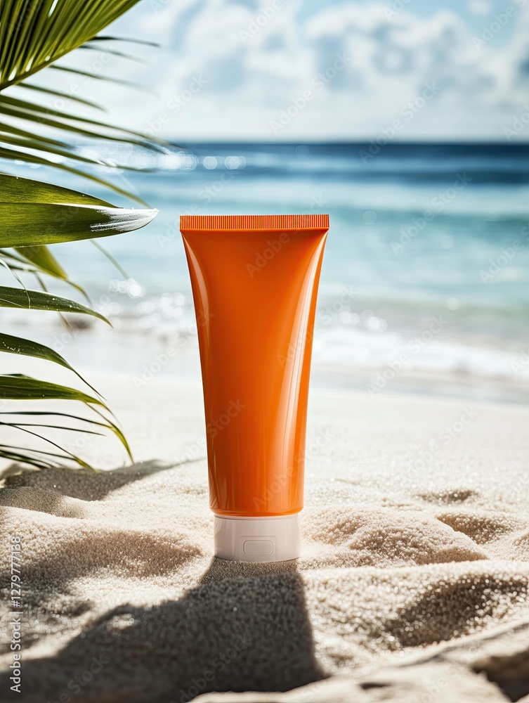 Sunscreen Bottle on Sandy Beach Sunscreen Bottle on Sandy Beach