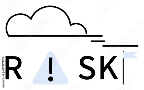 Cloud outline above the word RISK with exclamation mark in triangle replacing I and flag replacing K. Ideal for warning messages, forecasting, financial risks, education, banners, presentations