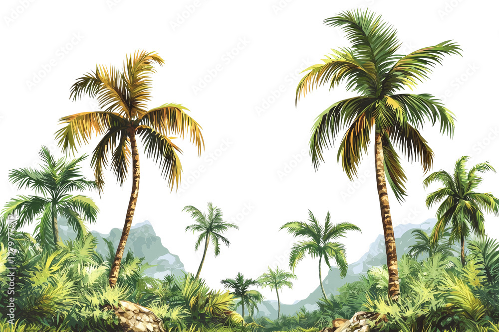 Lush Tropical Landscape with Palm Trees and Mountain View in Background Lush Tropical Landscape with Palm Trees and Mountain View in Background