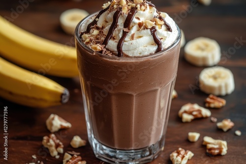 Indulgent chocolate banana milkshake topped with whipped cream and nuts on a wooden table at a cozy cafe setting