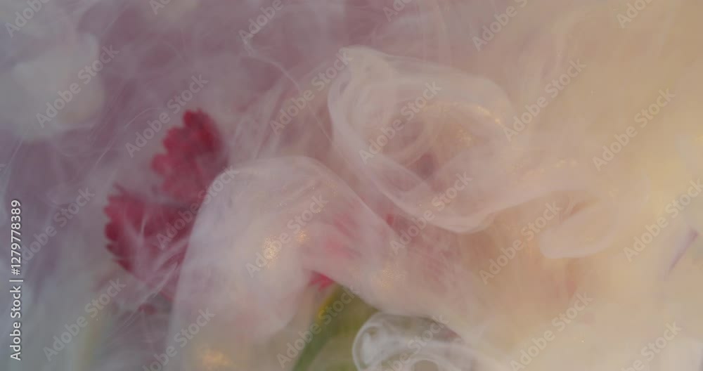 Smoke blend. Shimmering vapor. White peach gloss paint pigment mix on blur carnation. Spill fluid flower abstract water background art nature.