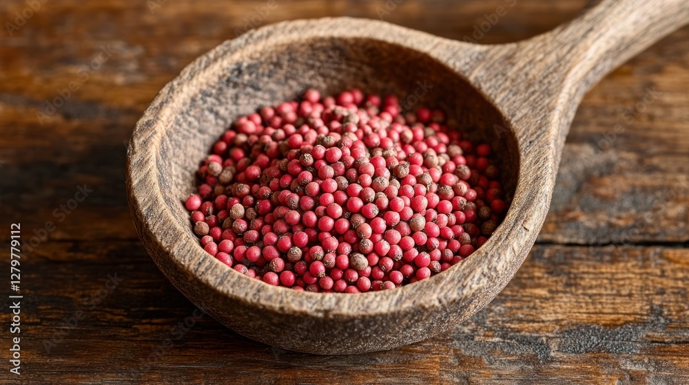 Red peppercorns wooden spoon rustic table spice Red peppercorns wooden spoon rustic table spice