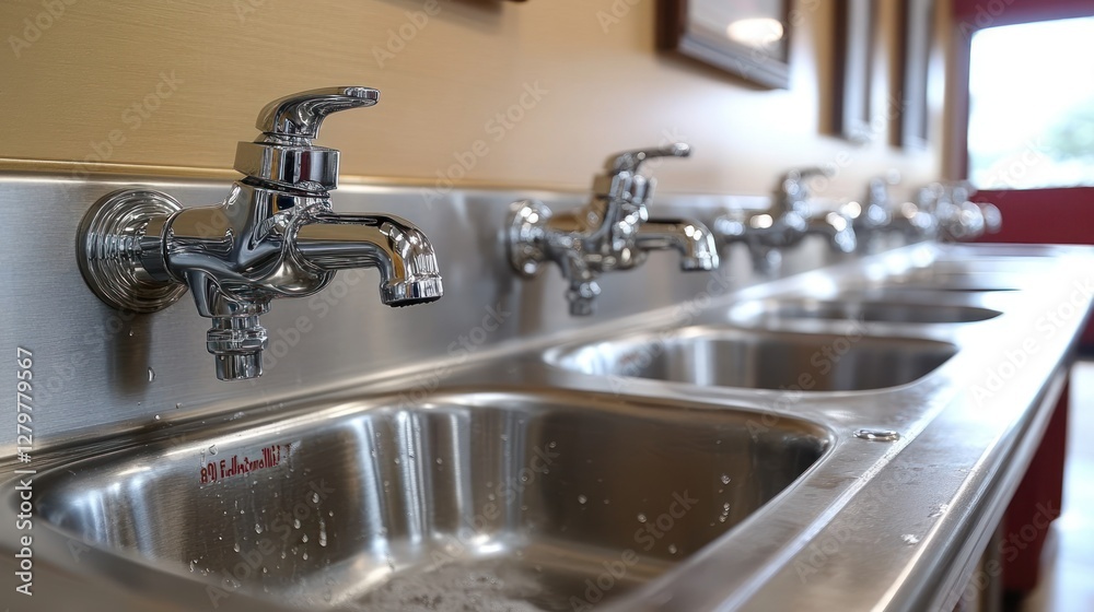 Restaurant kitchen sinks, chrome faucets, wall, hygiene Restaurant kitchen sinks, chrome faucets, wall, hygiene