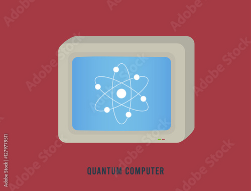 Quantum computer illustration with retro monitor displaying atom symbol. Concept of quantum computing, futuristic technology, data processing, advanced computation and next-gen computing systems