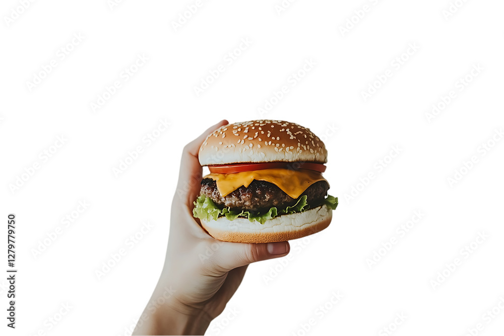 Hand holding a cheeseburger, close-up shot against a black background. Possible use Restaurant menu, food blog, social media post