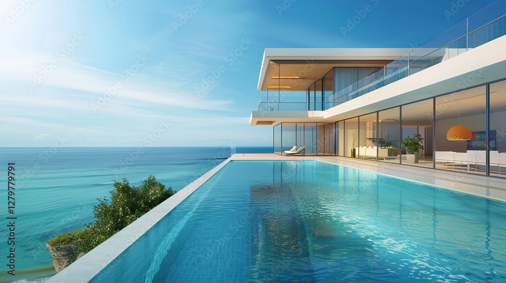 Fototapeta premium Modern luxury villa with an infinity pool overlooking the ocean.