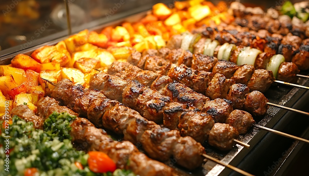 Grilled kebabs and roasted vegetables, display case Grilled kebabs and roasted vegetables, display case