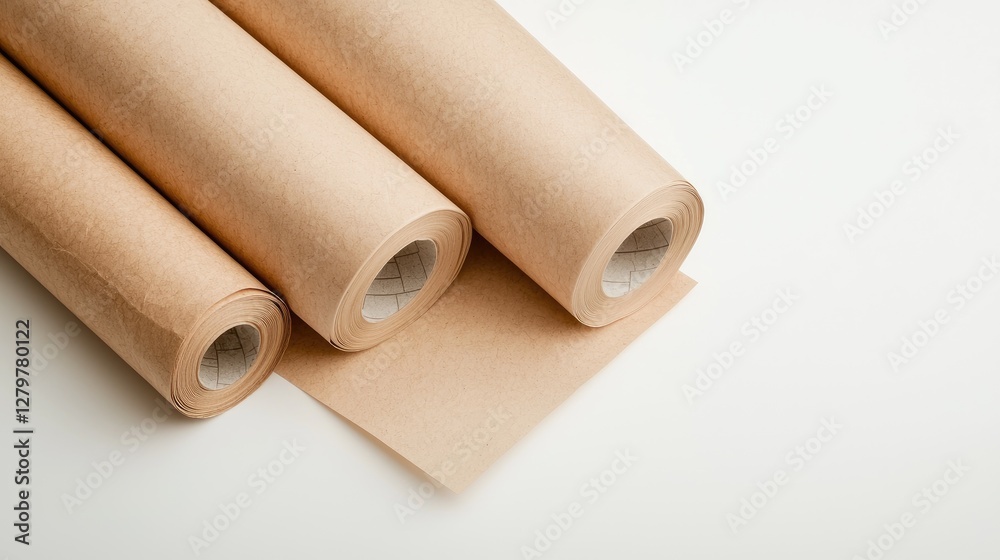 Three brown paper rolls on white background. Use Packaging or craft supplies Three brown paper rolls on white background. Use Packaging or craft supplies