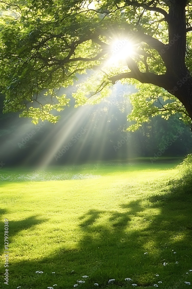 Obraz premium Sunbeams through trees on grassy meadow