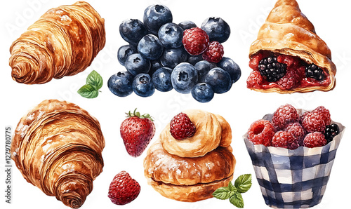 Delicious pastries and berries, appetizing display, tempting treats, suitable for a bakery or food magazine