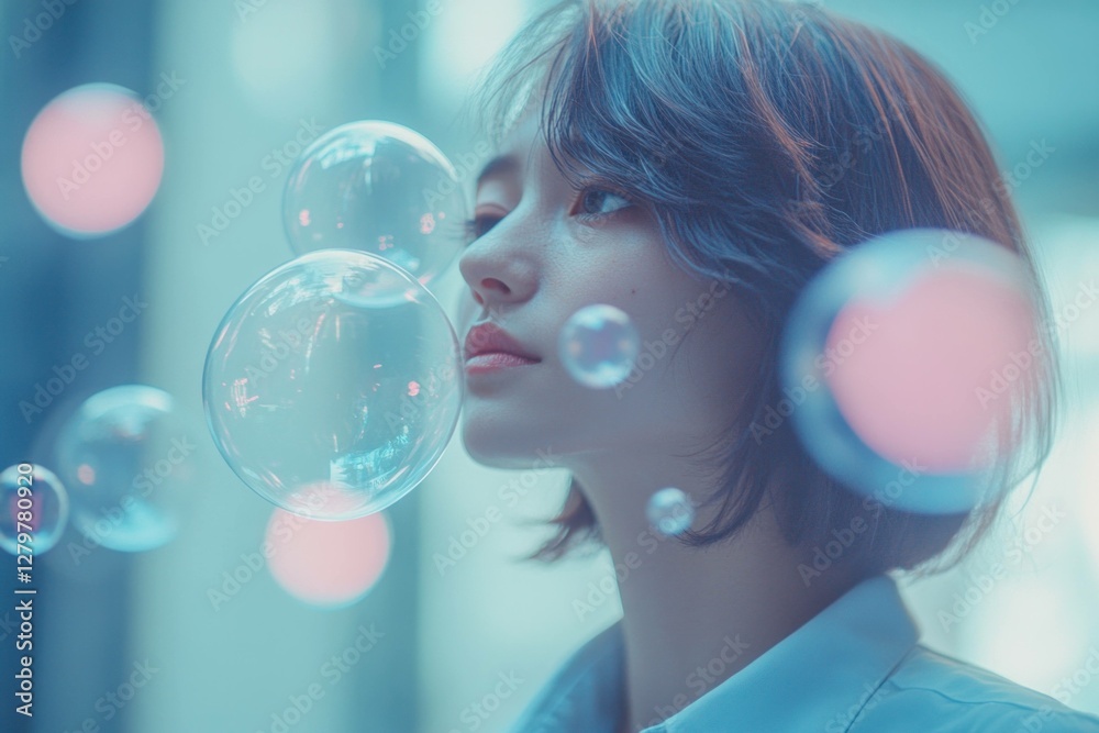 A young woman with short hair gazes thoughtfully at floating bubbles in a dreamy atmosphere, showcasing serenity and curiosity in a soft blue palette A young woman with short hair gazes thoughtfully at floating bubbles in a dreamy atmosphere, showcasing serenity and curiosity in a soft blue palette