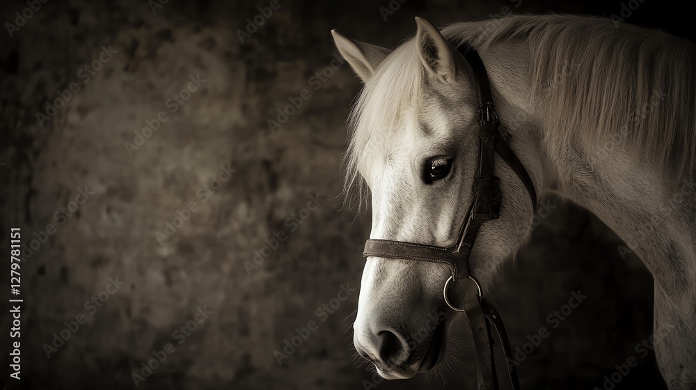 Obraz premium A majestic white horse with a gentle gaze, showcasing beauty and elegance against a textured dark background.