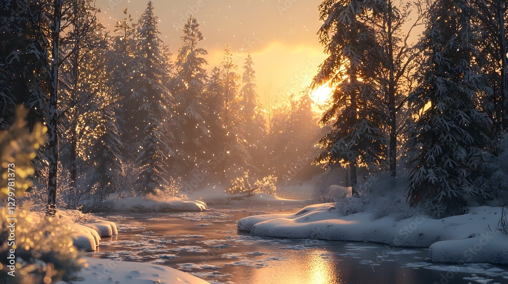 Naklejka premium Winter sunset reflection over a tranquil river forested landscape scenic photography serene atmosphere nature's beauty