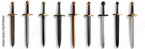 A vector set of sword and knife with a sharp stainless steel blade on a white background
