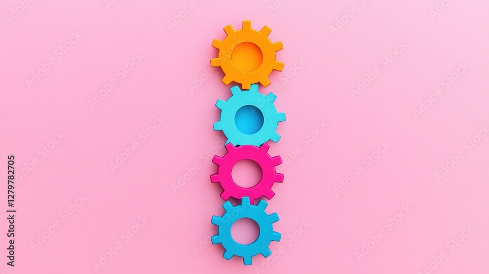 Colorful interlocking gears stacked vertically on a vibrant pink background, symbolizing teamwork Colorful interlocking gears stacked vertically on a vibrant pink background, symbolizing teamwork