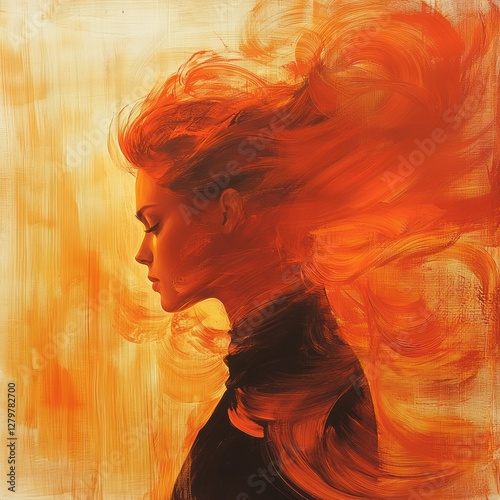Fiery-haired woman profile, abstract art, orange tones.