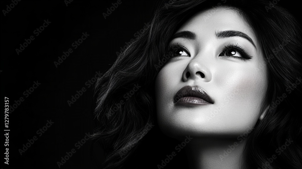 custom made wallpaper toronto digitalClose-up of a young Asian woman looking up, her dark hair cascading around her. Black and white portrait with dramatic lighting.