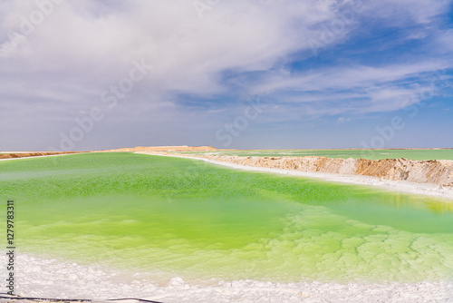 Qinghai Tibet Plateau scenery - Qarhan Salt Lake. Taken on the Golmud, Qinghai, China. Blue sky with copy space, panorama photo