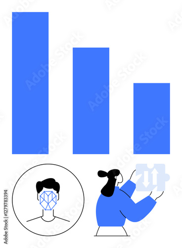 Vertical bar chart, facial recognition face with geometric lines, woman solving puzzle. Ideal for analytics, artificial intelligence, innovation, biometrics, problem-solving, progress teamwork