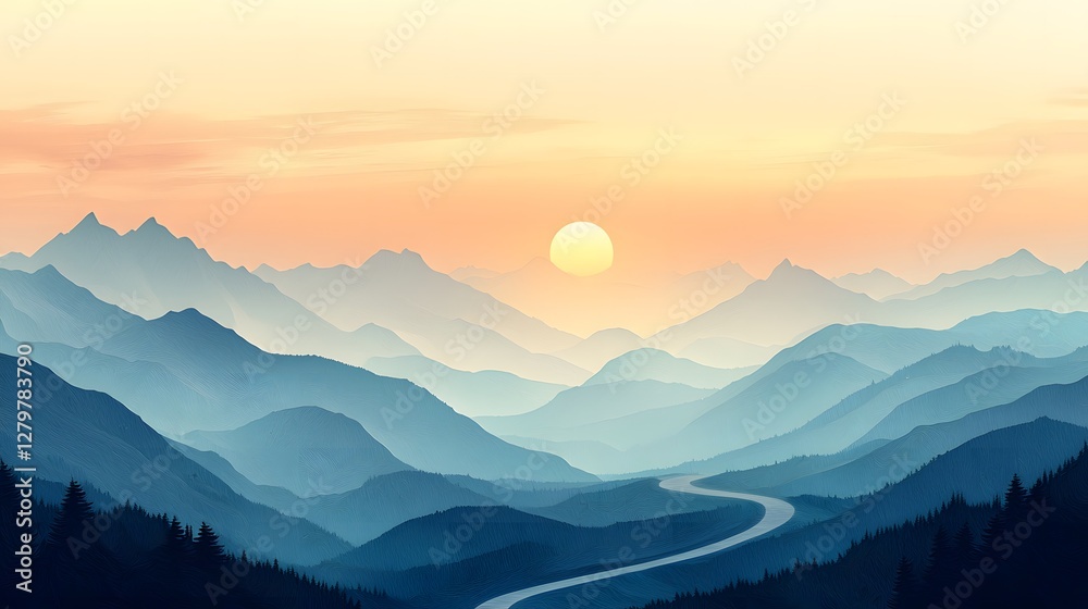 Fototapeta premium Serene sunrise over majestic mountains scenic landscape artwork peaceful environment wide view nature's beauty