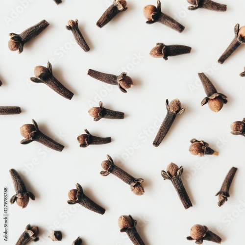 Clove spice pattern on white background with aromatic dried cloves photo