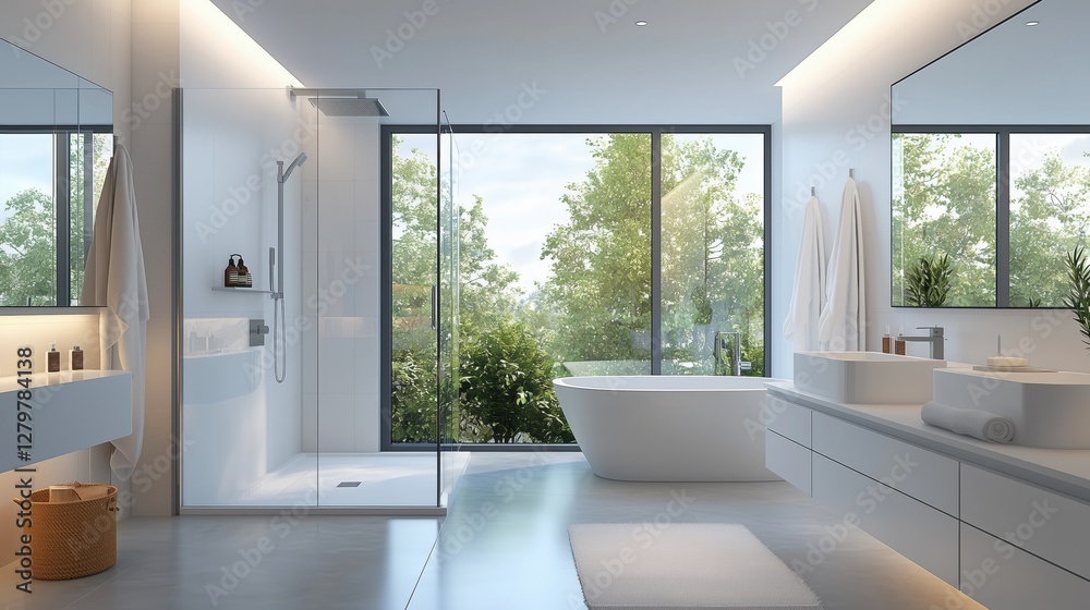 Fototapeta premium Serene and Modern Minimalist Bathroom Design with Natural Light, Clean Lines, and Relaxing Ambiance in a Contemporary Setting