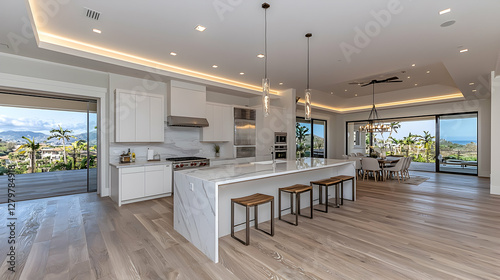 Modern kitchen, ocean view, luxury home, breakfast bar, interior design
