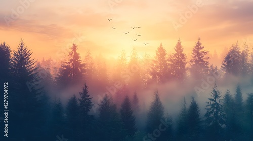 Serene sunrise over misty forest nature scene landscape photography tranquil environment aerial view peaceful concept