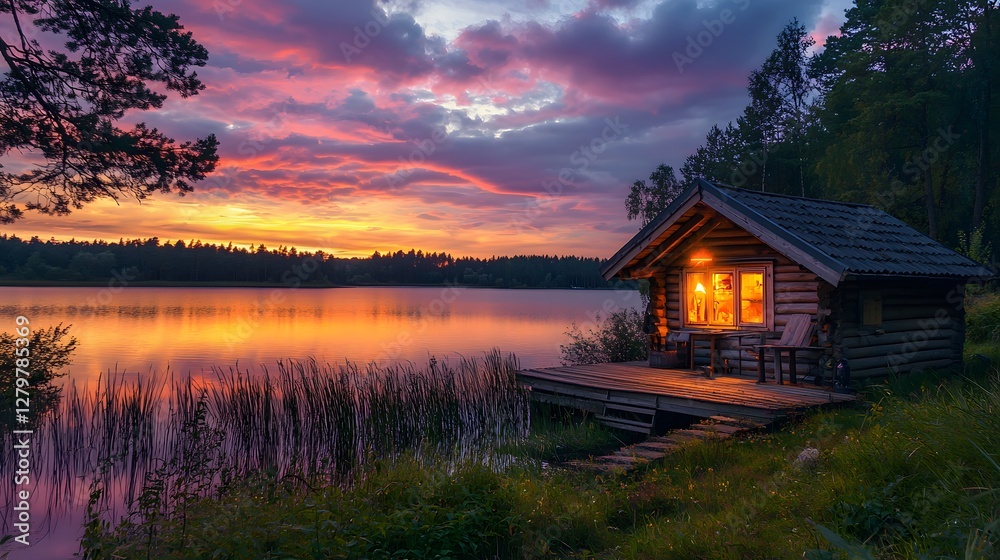 Sunset serenity cozy cabin by the lake tranquil nature scene evening ambiance idyllic landscape peaceful retreat Sunset serenity cozy cabin by the lake tranquil nature scene evening ambiance idyllic landscape peaceful retreat