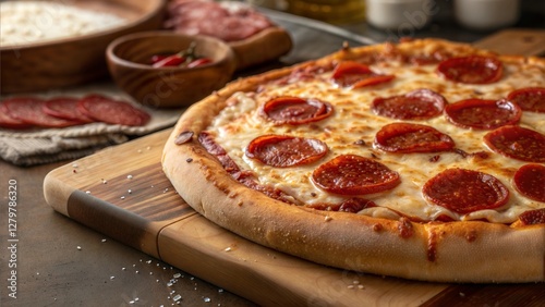 Pepperoni Pizza: A mouthwatering, perfectly baked pepperoni pizza on a wooden cutting board, surrounded by fresh ingredients, inviting culinary delight.