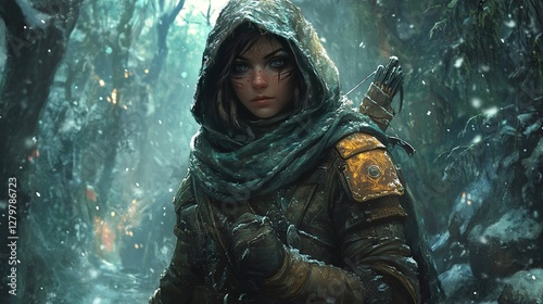 Adventurous huntress in enchanted forest fantasy art snowy landscape close-up nature's mystique