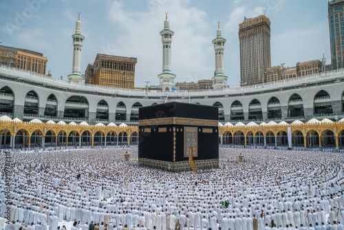 Pilgrims Gathering Around Kaaba in Mosque During Hajj Pilgrimage