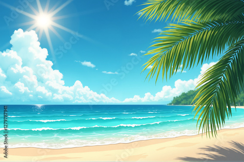 Tropical beach with turquoise ocean, sandy shore, palm leaves, and bright sunny sky.
